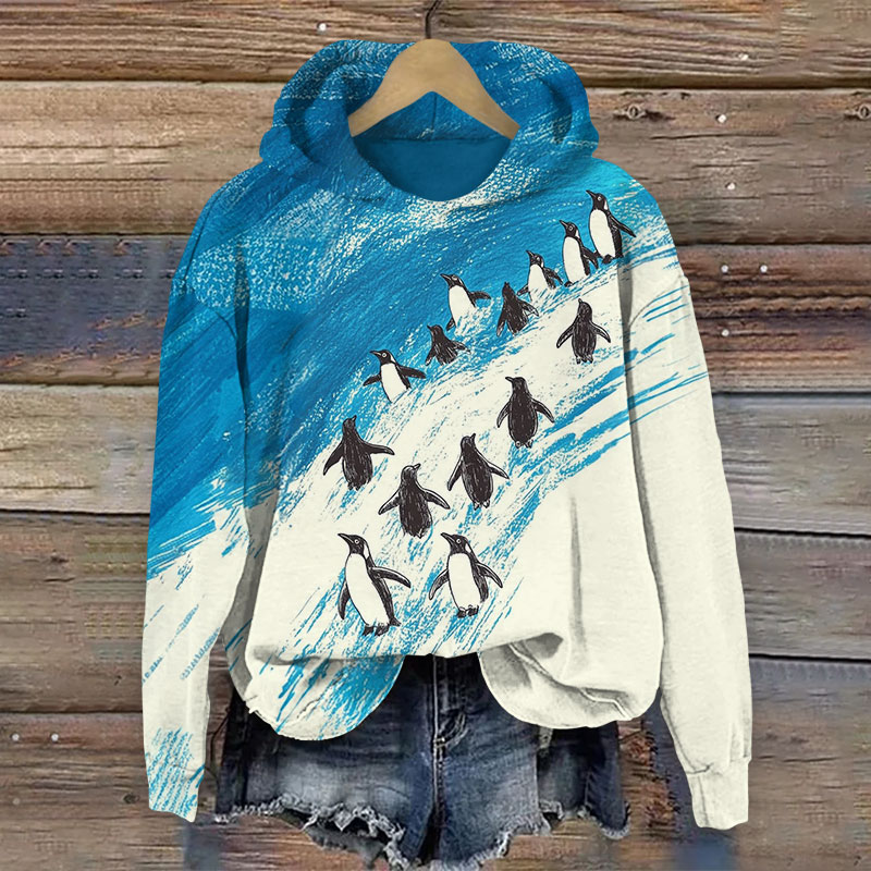Oil Painting Lovely Penguin Print Long Sleeve Hoodie - Blue - US44-46(8XL) - image 1