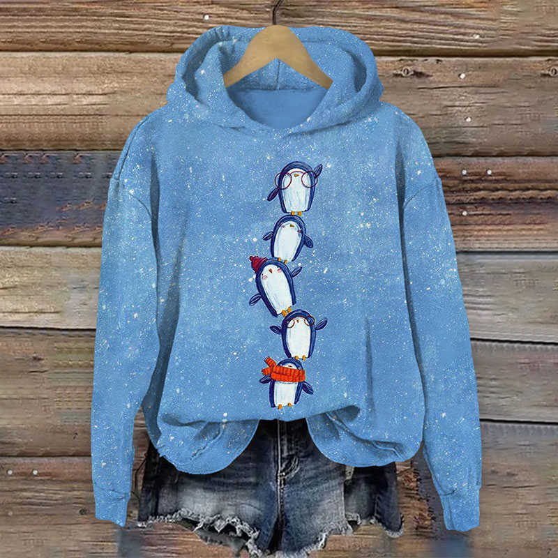 Vintage Lovely Stacking Penguins Print Long Sleeve Hoodie - Blue - US44-46(8XL) - image 1