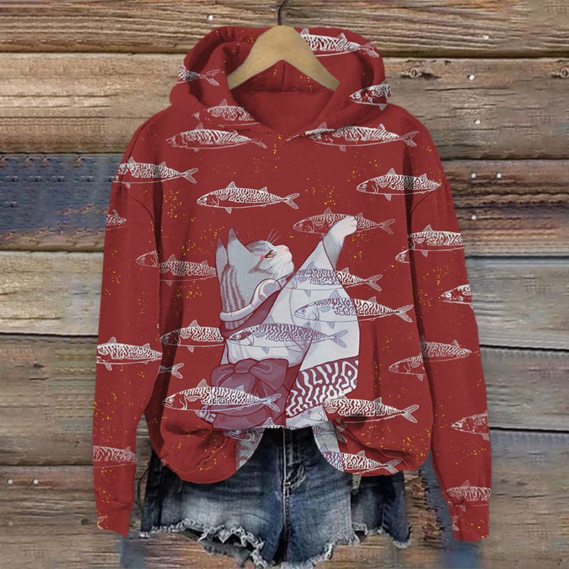 Japanese Kimono Cat Waving To The Fish Print Long Sleeve Hoodie - Red - US44-46(8XL) - image 2