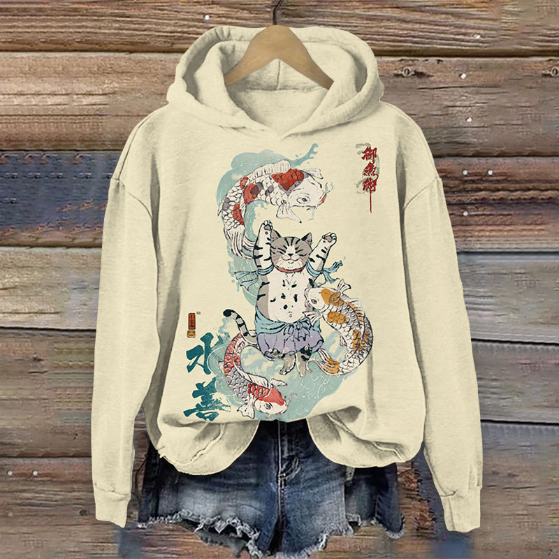 Japanese Koi Swimming Around The Cat Print Long Sleeve Hoodie - Apricot - US44-46(8XL) - image 1