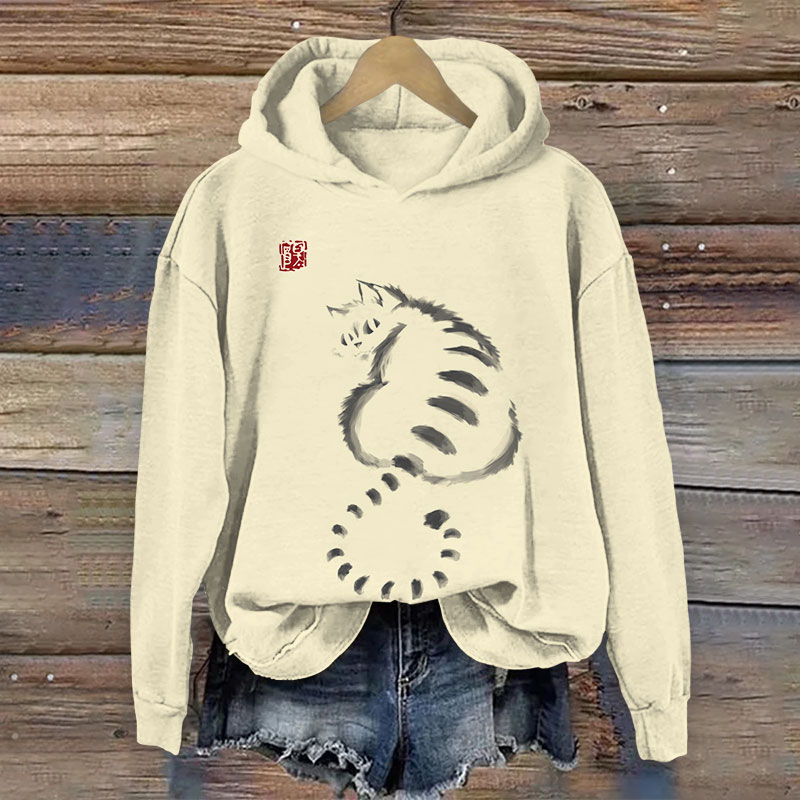 Japanese Abstract Cat Looking Back Print Long Sleeve Hoodie - Apricot - US44-46(8XL) - image 1