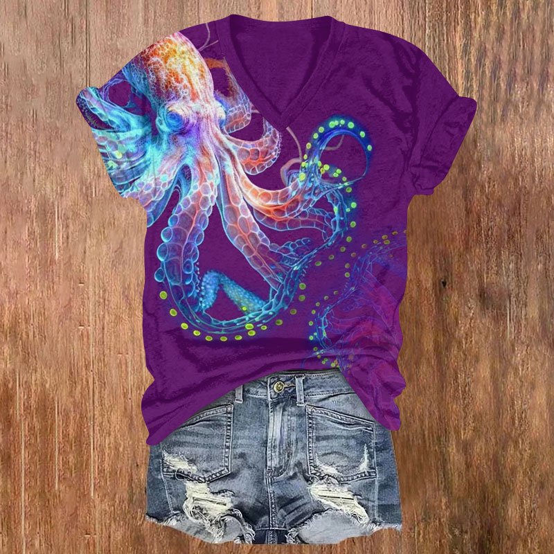 Vintage Technological Octopus Print V-neck T-shirt - Purple - US32-34(5XL) - image 1
