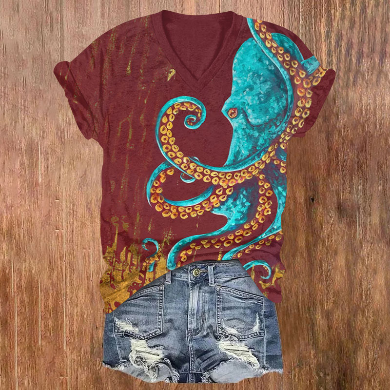 Mysterious Original Octopus Art Print V-neck T-shirt - Red - US32-34(5XL) - image 2