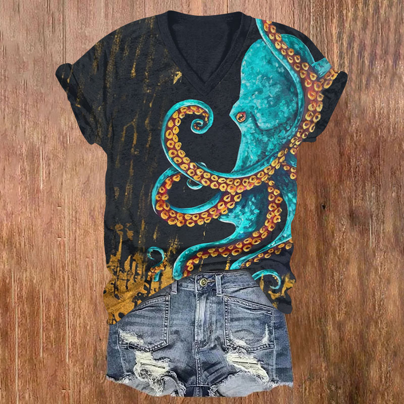Mysterious Original Octopus Art Print V-neck T-shirt - Black - US32-34(5XL) - image 3