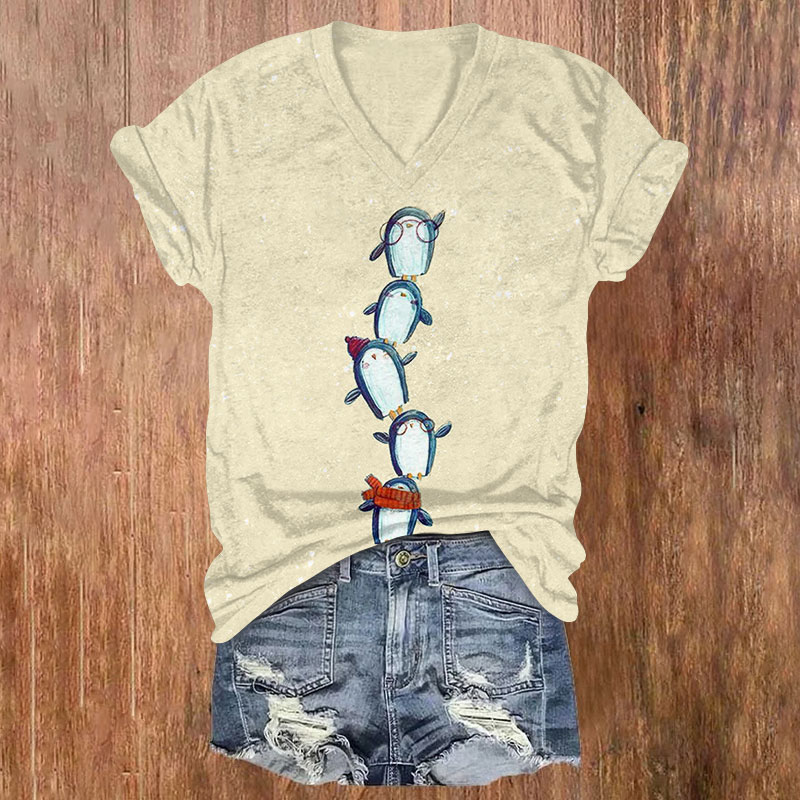 Vintage Lovely Stacking Penguins Print V-neck T-shirt - Apricot - US32-34(5XL) - image 3