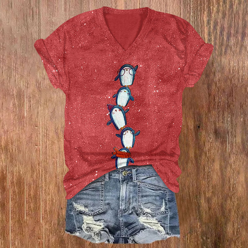 Vintage Lovely Stacking Penguins Print V-neck T-shirt - Red - US32-34(5XL) - image 2