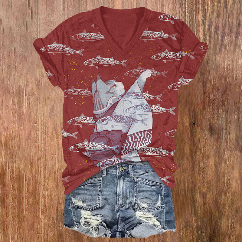 Japanese Kimono Cat Waving To The Fish Print V-neck T-shirt - Red - US32-34(5XL) - image 2