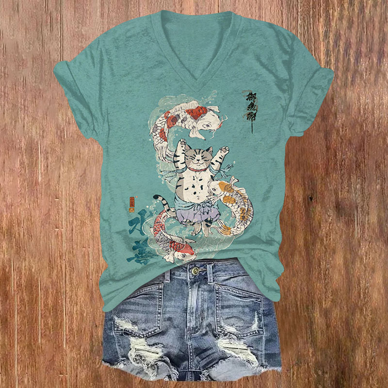 Japanese Koi Swimming Around The Cat Print V-neck T-shirt - Blue - US32-34(5XL) - image 1