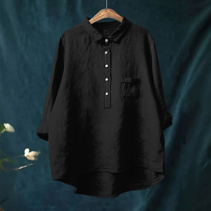 Women's Vintage Simple Solid Color Print Casual Lapel Blouse - Black - 6XL - image 2