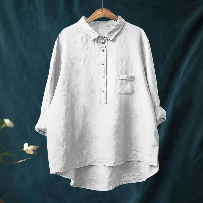 Women's Vintage Simple Solid Color Print Casual Lapel Blouse - White - 6XL - image 1