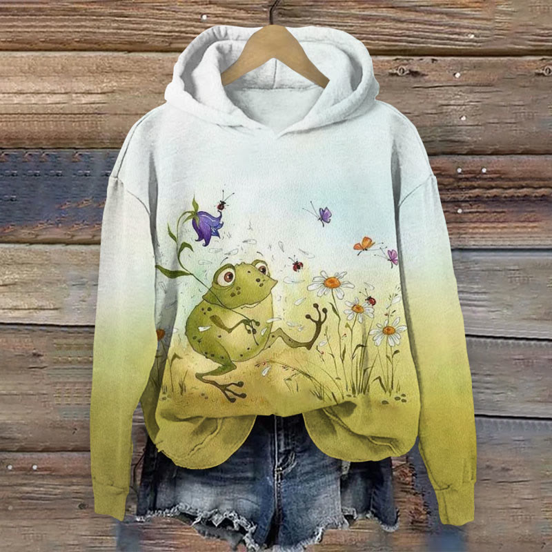 Frog Catching Butterfly Print Long Sleeve Hoodie - Apricot - US44-46(8XL) - image 1