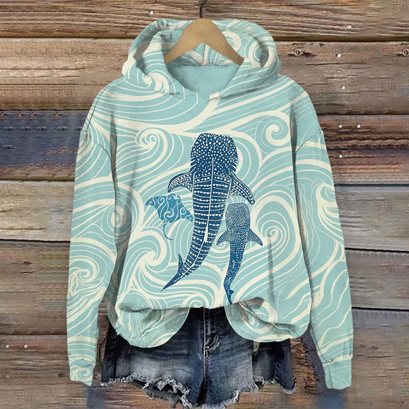 Japanese Ocean Whale Shark Print Long Sleeve Hoodie - Light Blue - US44-46(8XL) - image 1