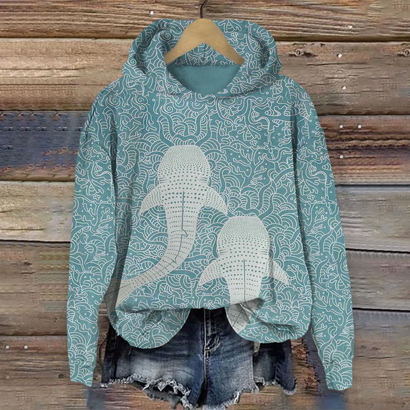 Japanese ocean whale shark print Long Sleeve Hoodie - Green - US44-46(8XL) - image 1