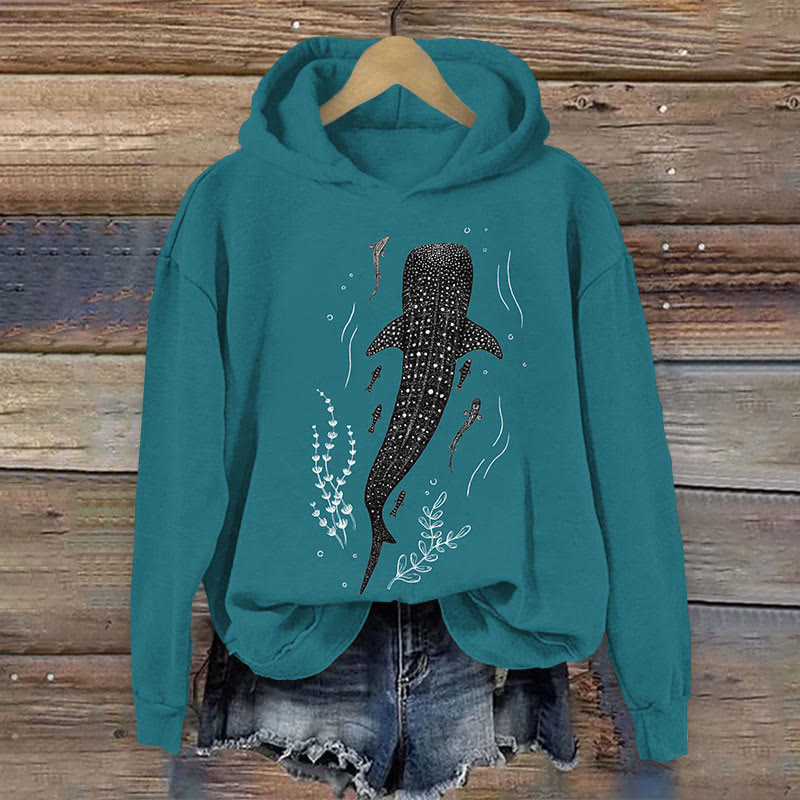 Japanese Ocean Whale Shark Print Long Sleeve Hoodie - Green - US44-46(8XL) - image 1