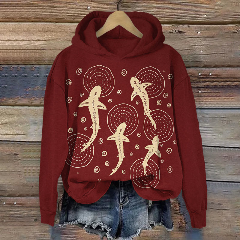 Japanese Art Whale  Shark Print Long Sleeve Hoodie - Red - US44-46(8XL) - image 2