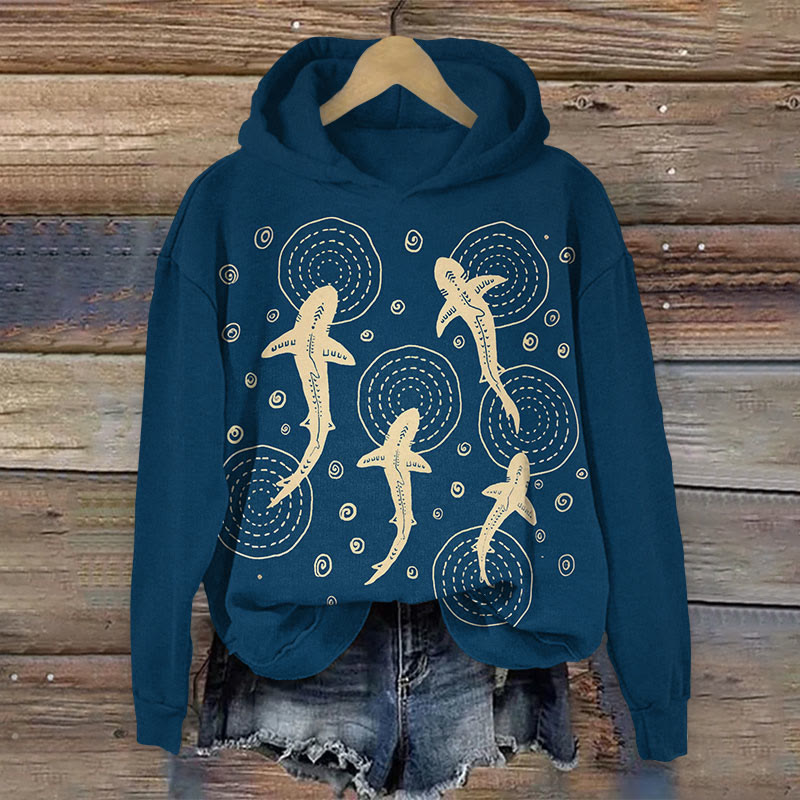 Japanese Art Whale  Shark Print Long Sleeve Hoodie - Navy Blue - US44-46(8XL) - image 1