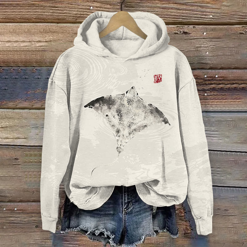 Japanese  Ink Style Manta Ray Print Long Sleeve Hoodie - Beige - US44-46(8XL) - image 1