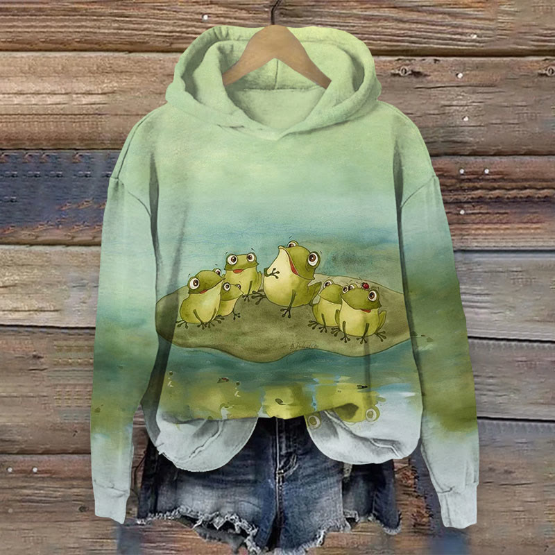 Funny  Frogs Gather On Lotus Leaves Print Long Sleeve Hoodie - Green - US44-46(8XL) - image 1