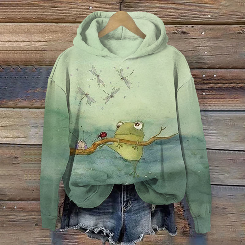 Funny Frog Climbs Up The Branch Print Long Sleeve Hoodie - Green - US44-46(8XL) - image 2