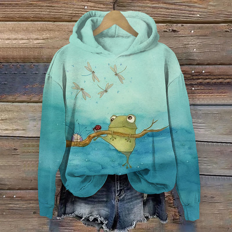 Funny Frog Climbs Up The Branch Print Long Sleeve Hoodie - Blue - US44-46(8XL) - image 1