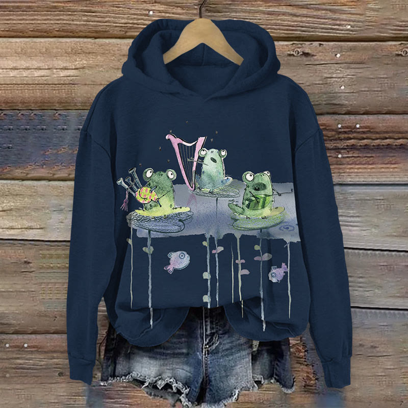  Fun Frogs Playing Musical Instruments Print Long Sleeve Hoodie - Navy Blue - US44-46(8XL) - image 2
