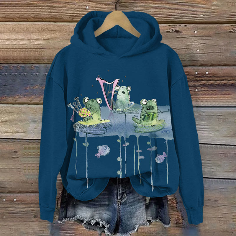 Fun Frogs Playing Musical Instruments Print Long Sleeve Hoodie - Lake Blue - US44-46(8XL) - image 1
