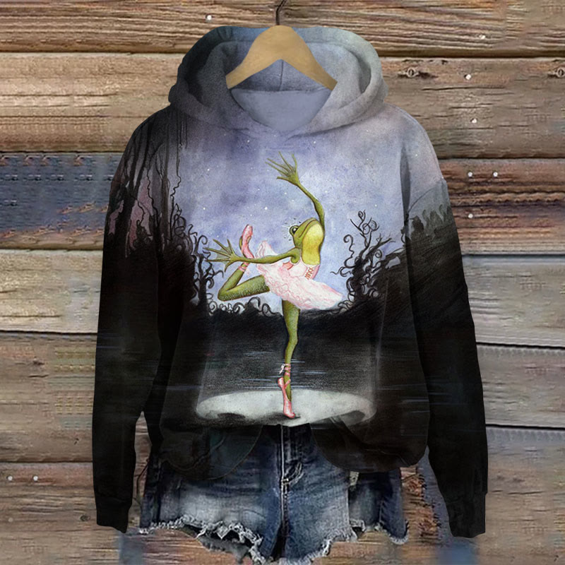  Frogs Dance On Stage At Night Print Long Sleeve Hoodie - Black - US44-46(8XL) - image 1
