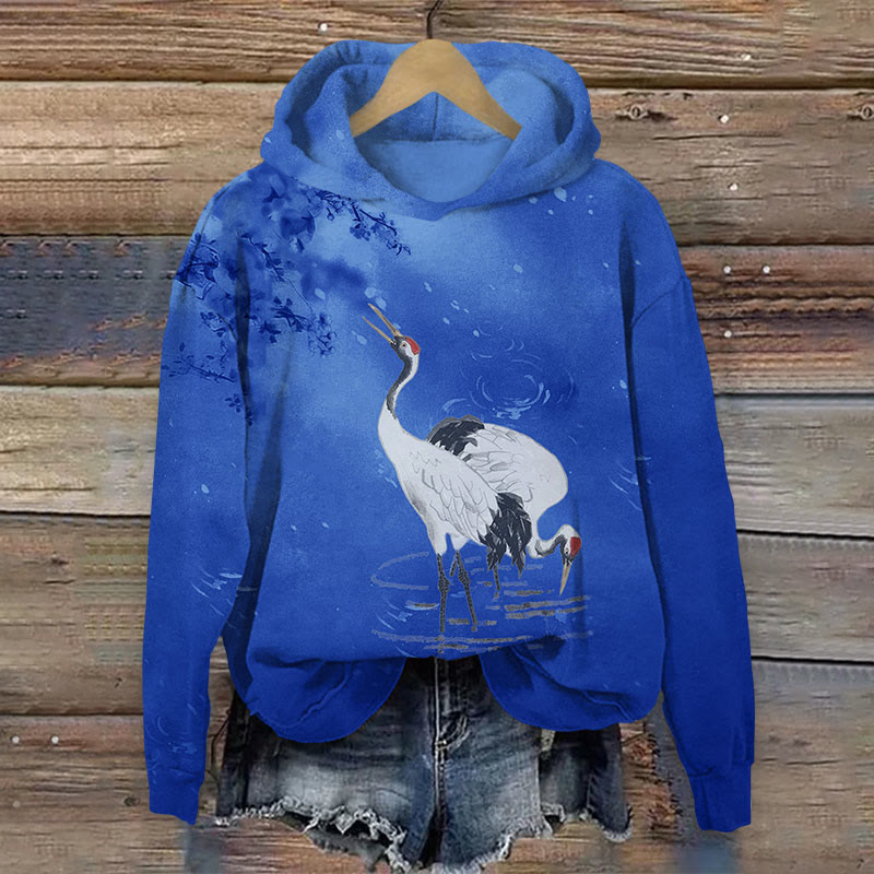  Japanese  Cranes With Bloom Floral Print Long Sleeve Hoodie - Royal Blue - US44-46(8XL) - image 2