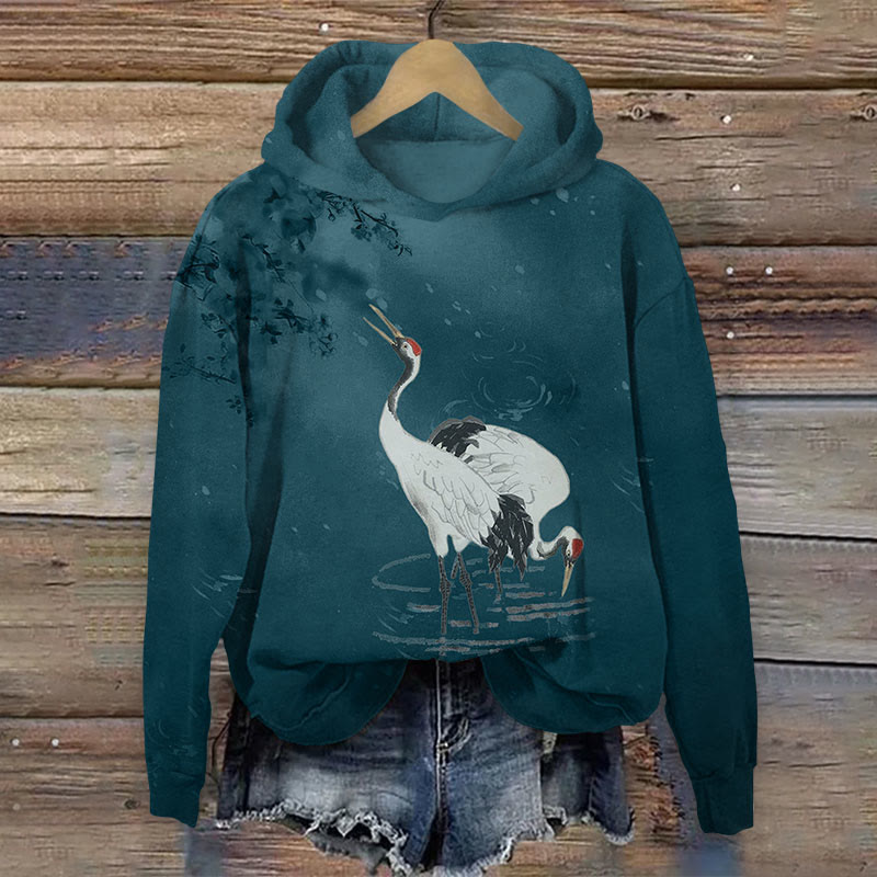  Japanese  Cranes With Bloom Floral Print Long Sleeve Hoodie - Dark Green - US44-46(8XL) - image 1