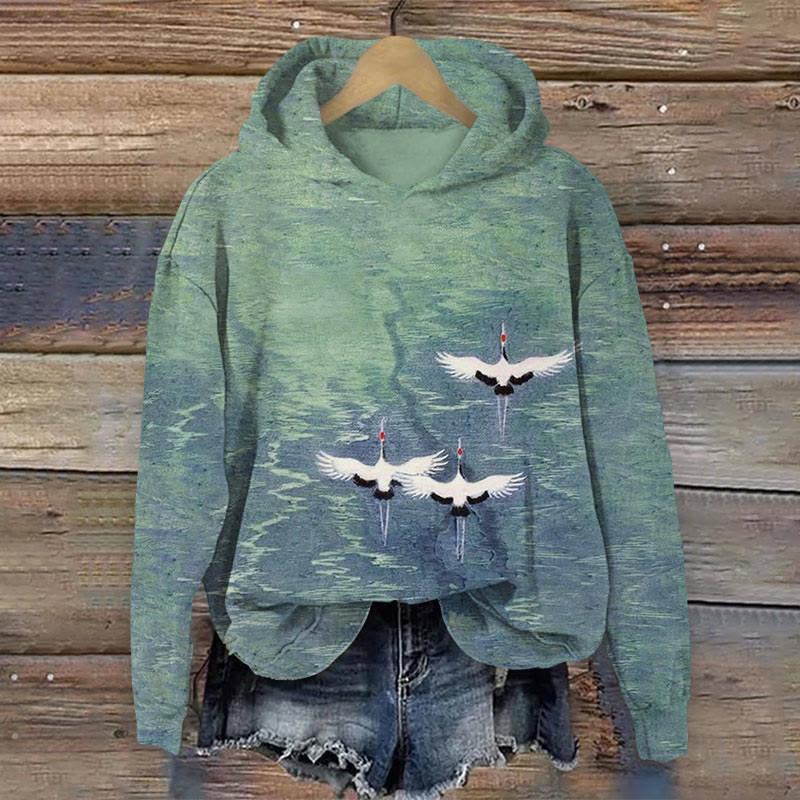  Japanese  cranes fly through forest print Long Sleeve Hoodie - Green - US44-46(8XL) - image 1