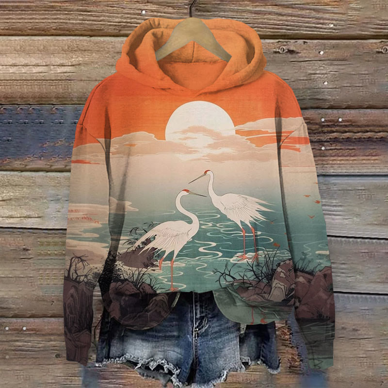  Japanese Cranes Under Sunset Print Long Sleeve Hoodie - Orange - US44-46(8XL) - image 1