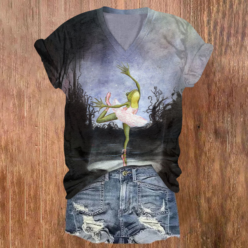 Frogs Dance On Stage At Night Print V-neck T-shirt - Black - US32-34(5XL) - image 1