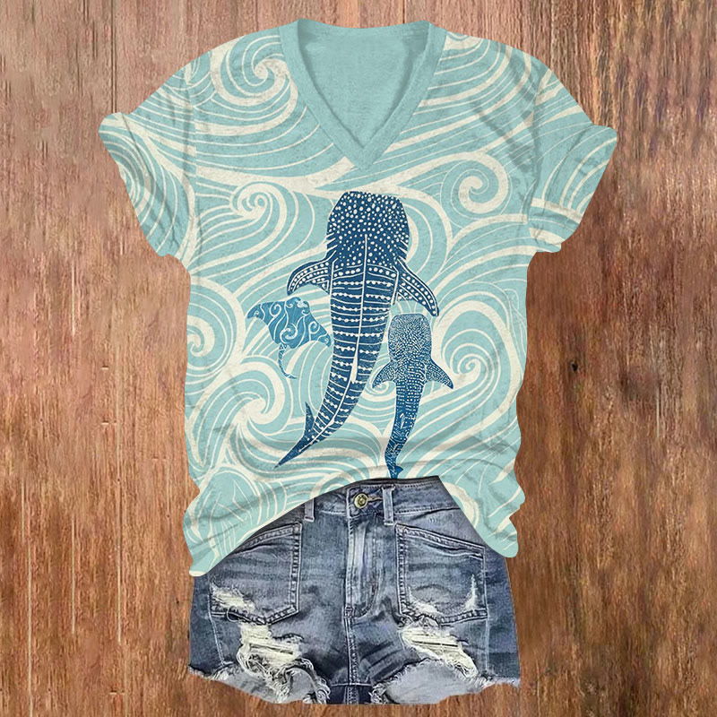 Japanese Ocean Whale Shark Print V-neck T-shirt - Mint - US32-34(5XL) - image 1