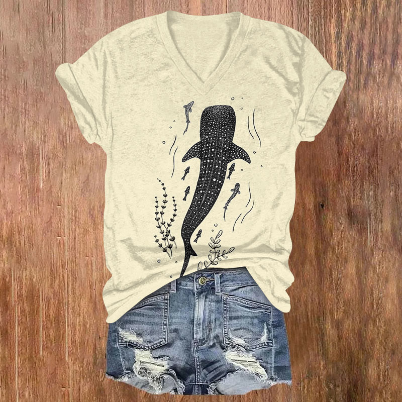 Japanese Ocean Whale Shark Print V-neck T-shirt - Apricot - US32-34(5XL) - image 2