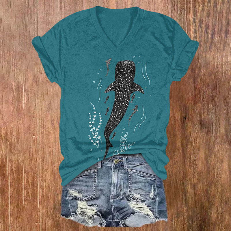 Japanese Ocean Whale Shark Print V-neck T-shirt - Lake Blue - US32-34(5XL) - image 1