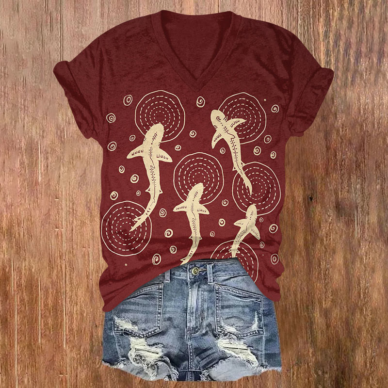 Japanese Art Whale Shark Print V-neck T-shirt - Red - US32-34(5XL) - image 2