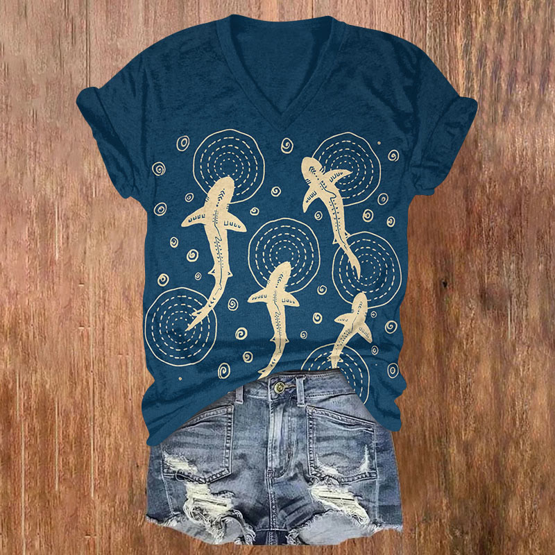 Japanese Art Whale Shark Print V-neck T-shirt - Navy Blue - US32-34(5XL) - image 1