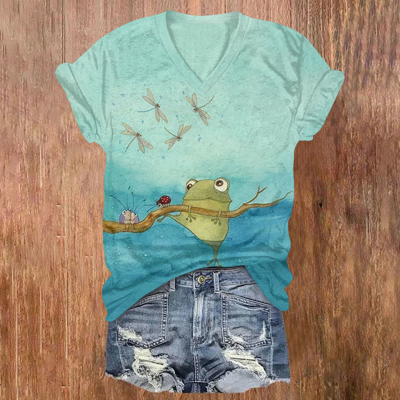 Funny Frog Climbs Up The Branchprint V-neck T-shirt - Blue - US32-34(5XL) - image 1