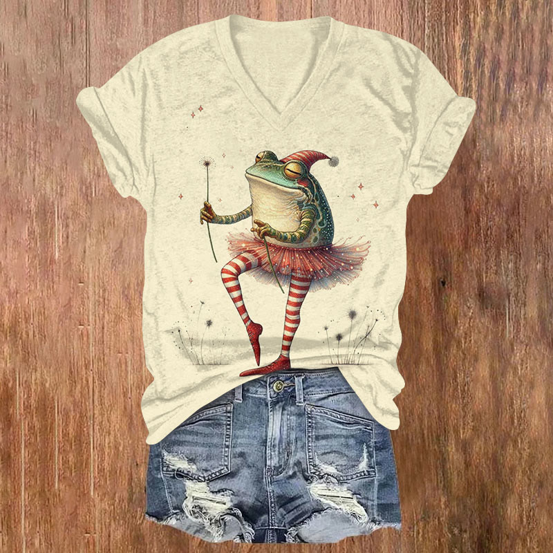 Frog Dancing In A Skirt Print V-neck T-shirt - Apricot - US32-34(5XL) - image 2