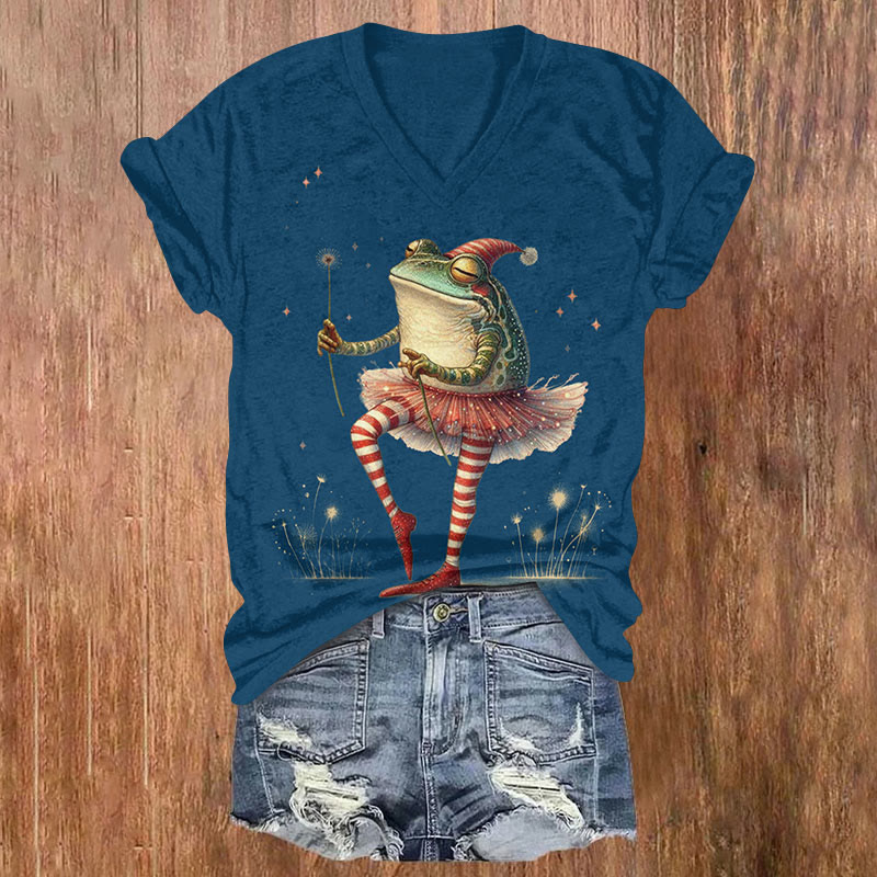 Frog Dancing In A Skirt Print V-neck T-shirt - Navy Blue - US32-34(5XL) - image 1