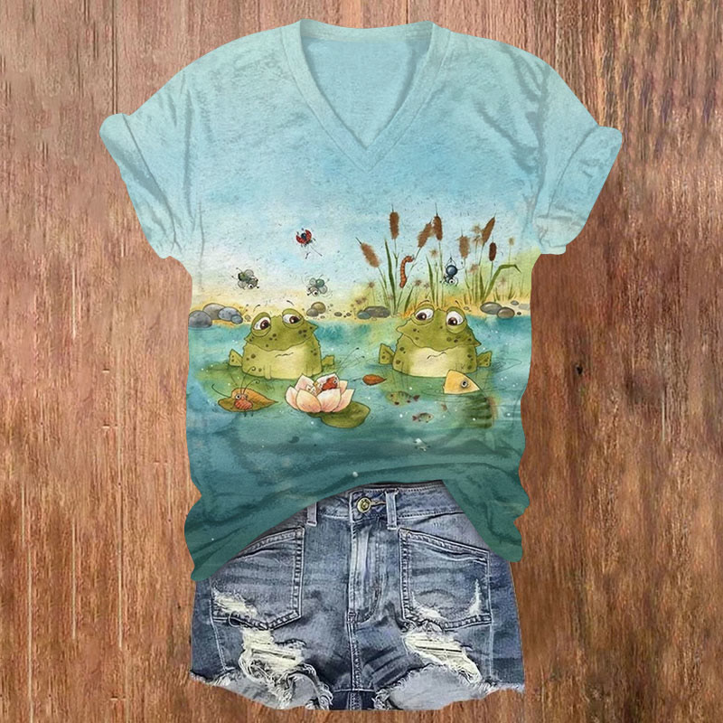 Frogs In The Pond Print V-neck T-shirt - Green - US32-34(5XL) - image 1