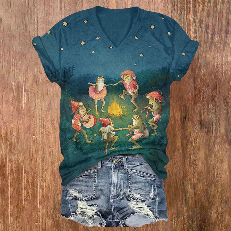 Frogs Dancing Around The Campfire Print V-neck T-shirt - Navy Blue - US32-34(5XL) - image 1