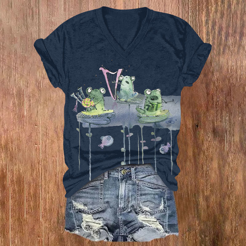 Fun Frogs Playing Musical Instruments Print V-neck T-shirt - Navy Blue - US32-34(5XL) - image 2