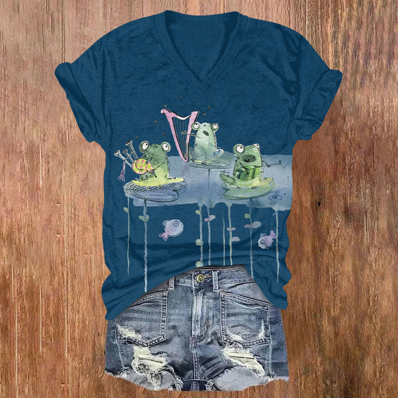 Fun Frogs Playing Musical Instruments Print V-neck T-shirt - Lake Blue - US32-34(5XL) - image 1