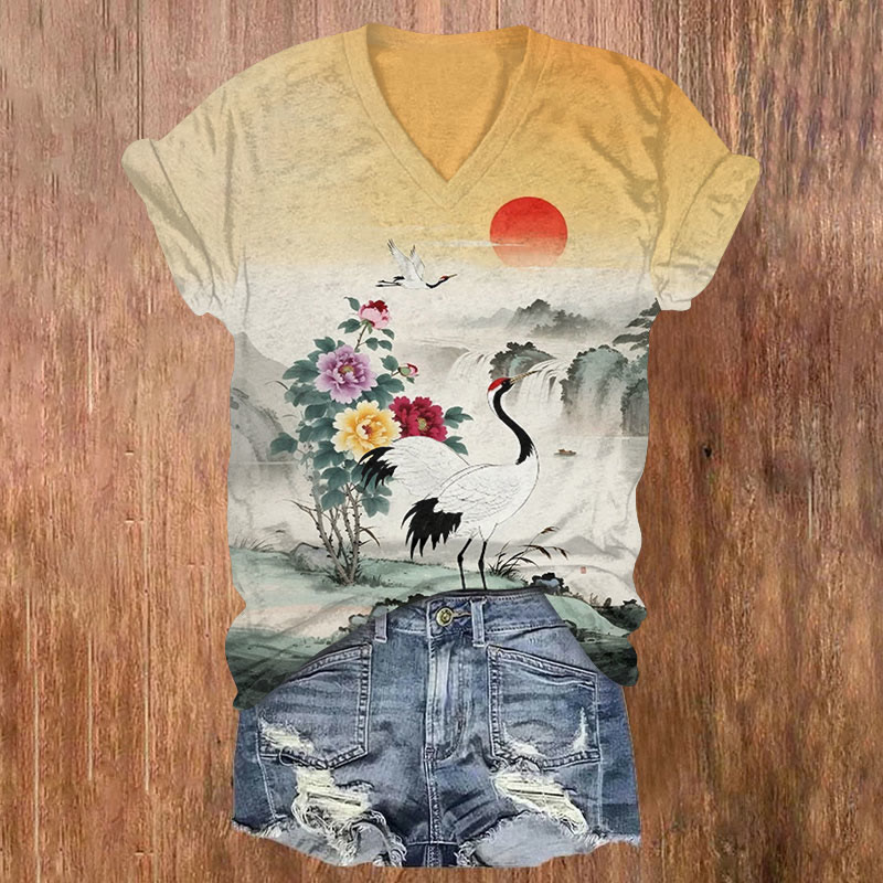 Japanese Cranes With Floral Print V-neck T-shirt - Orange - US32-34(5XL) - image 1