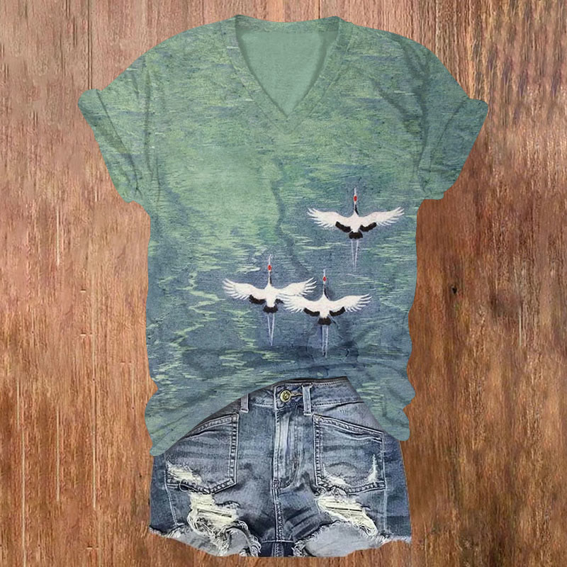 Japanese Cranes Fly Through Forest Print V-neck T-shirt - Green - US32-34(5XL) - image 1