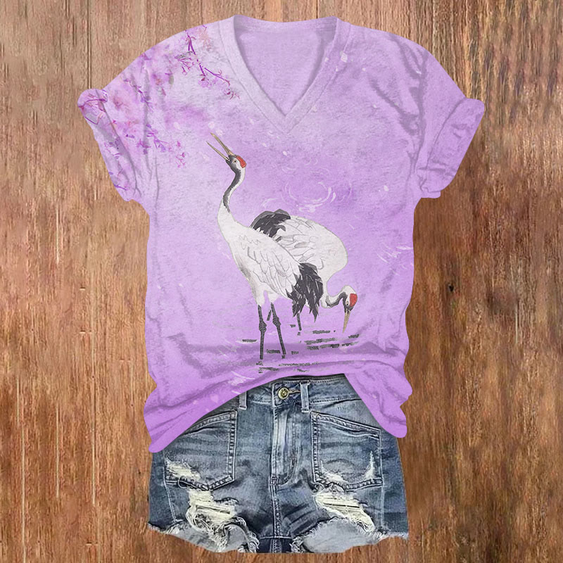 Japanese Cranes With Bloom Floral Print V-neck T-shirt - Light Purple - US32-34(5XL) - image 4