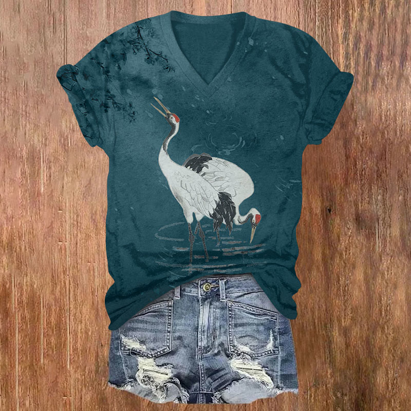 Japanese Cranes With Bloom Floral Print V-neck T-shirt - Dark Green - US32-34(5XL) - image 1