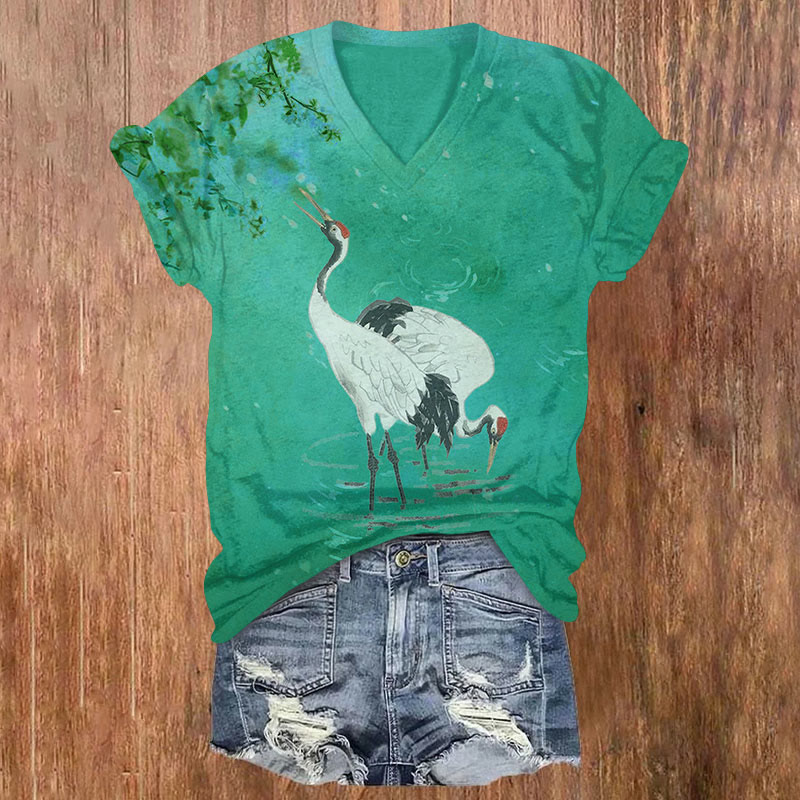 Japanese Cranes With Bloom Floral Print V-neck T-shirt - Green - US32-34(5XL) - image 3