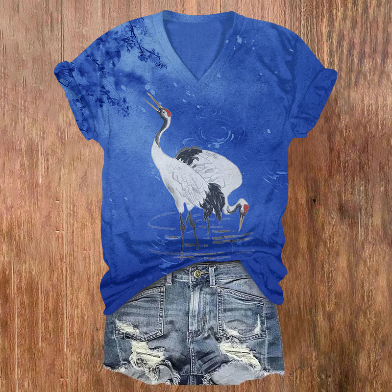 Japanese Cranes With Bloom Floral Print V-neck T-shirt - Blue - US32-34(5XL) - image 2